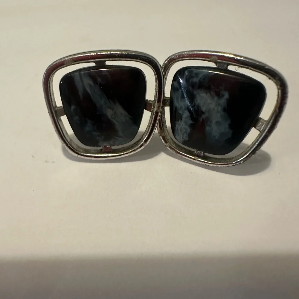 Vintage Silver Tone Stone Atomic Era Cufflinks